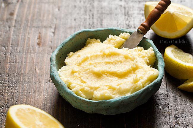 Blue bowl of Lemon Buttercream Frosting