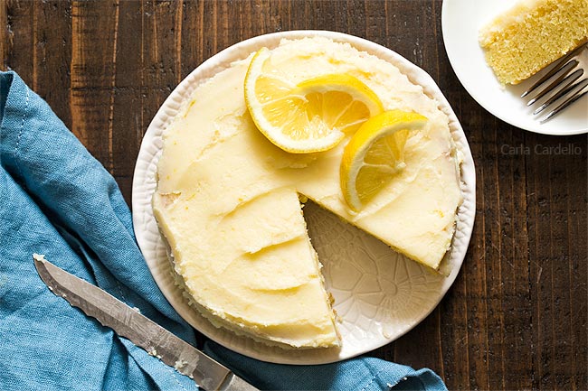 Lemon cake with blue linen and knife