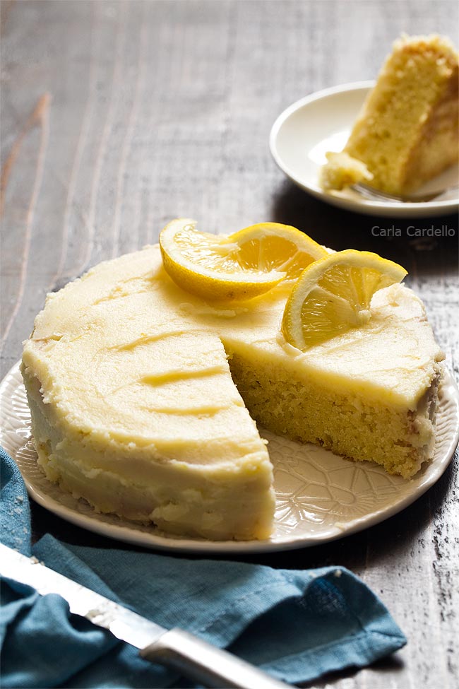 6 inch lemon cake with slice removed