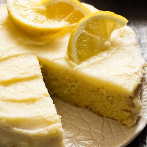 Close up of lemon cake with slice cut