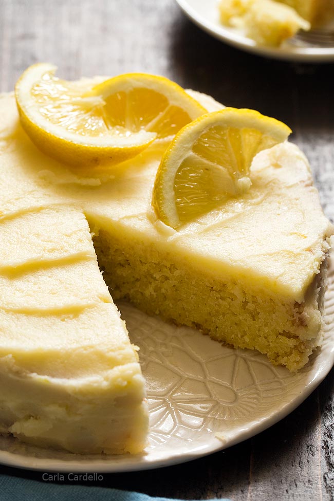 Close up of lemon cake with slice cut