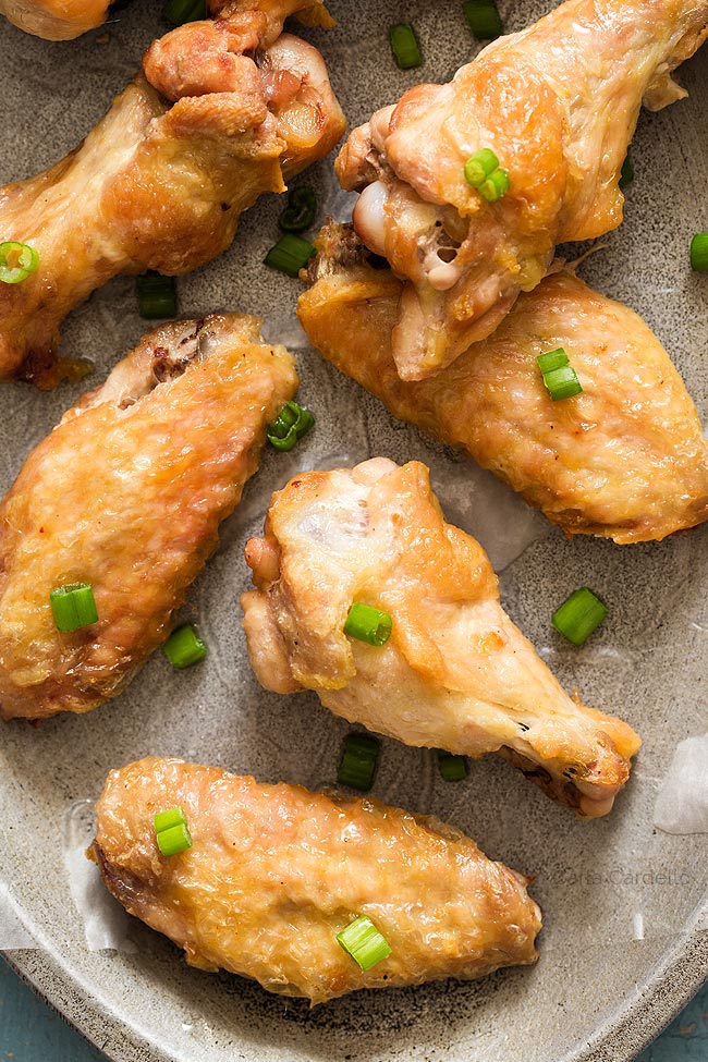 Close up of wings on a silver plate