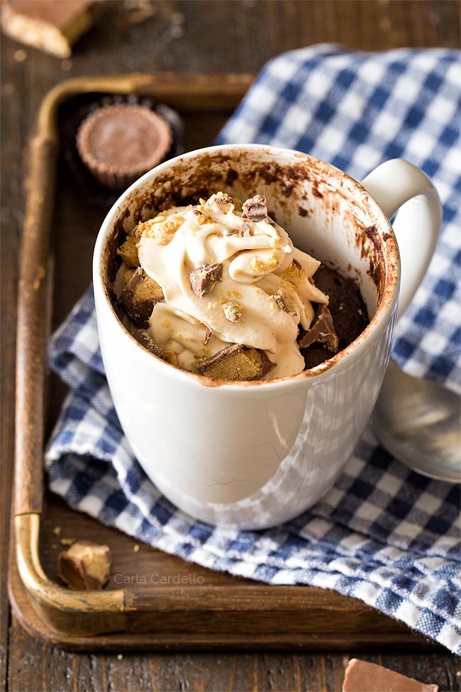 White mug with chocolate cake and whipped cream