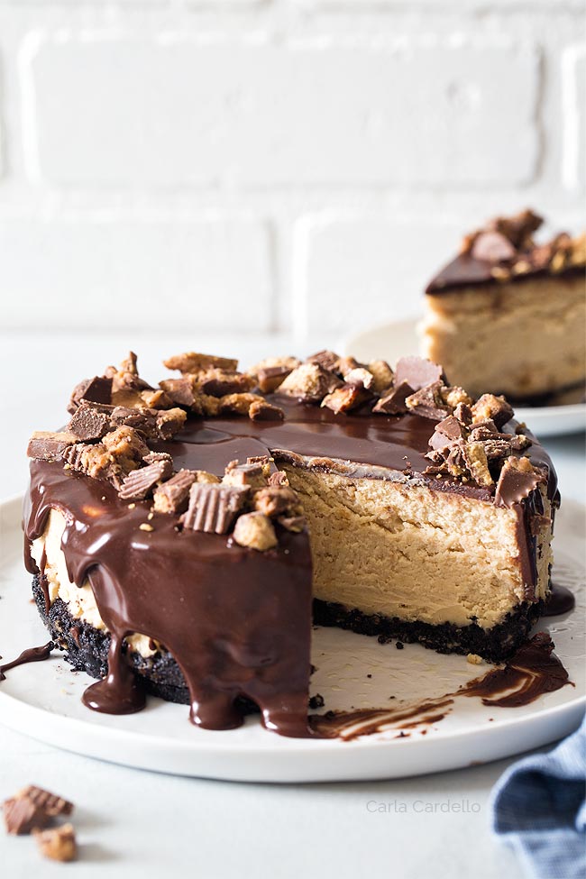 Peanut Butter Cheesecake with a slice on a plate