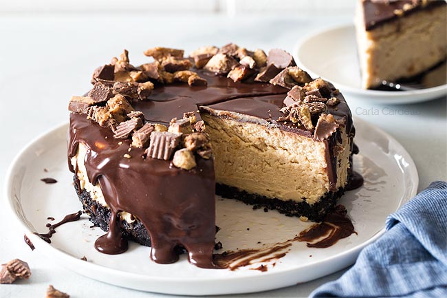 Peanut butter cheesecake with a slice cut