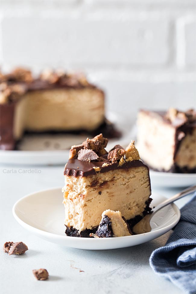 Slice of peanut butter cheesecake on white plate