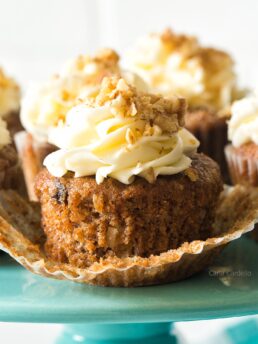 Close up of unwrapped carrot cake cupcake