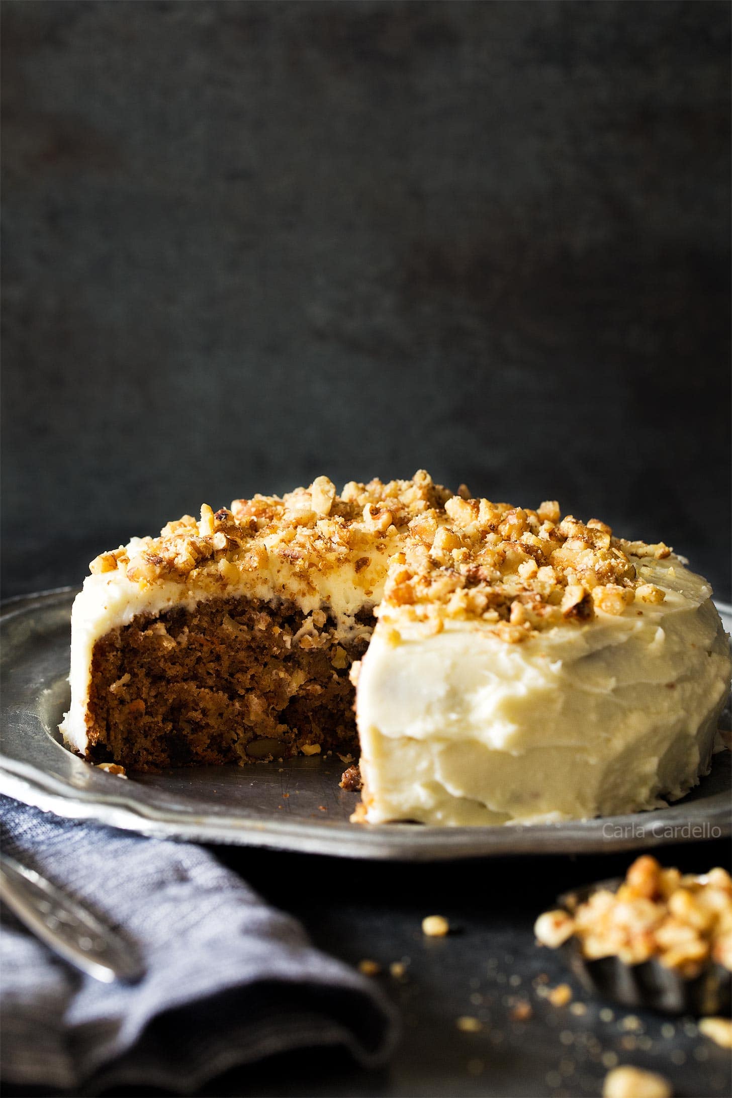 Small carrot cake on silver platter