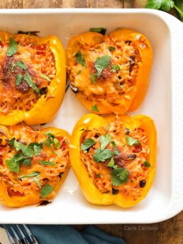 Stuffed Peppers in white baking dish