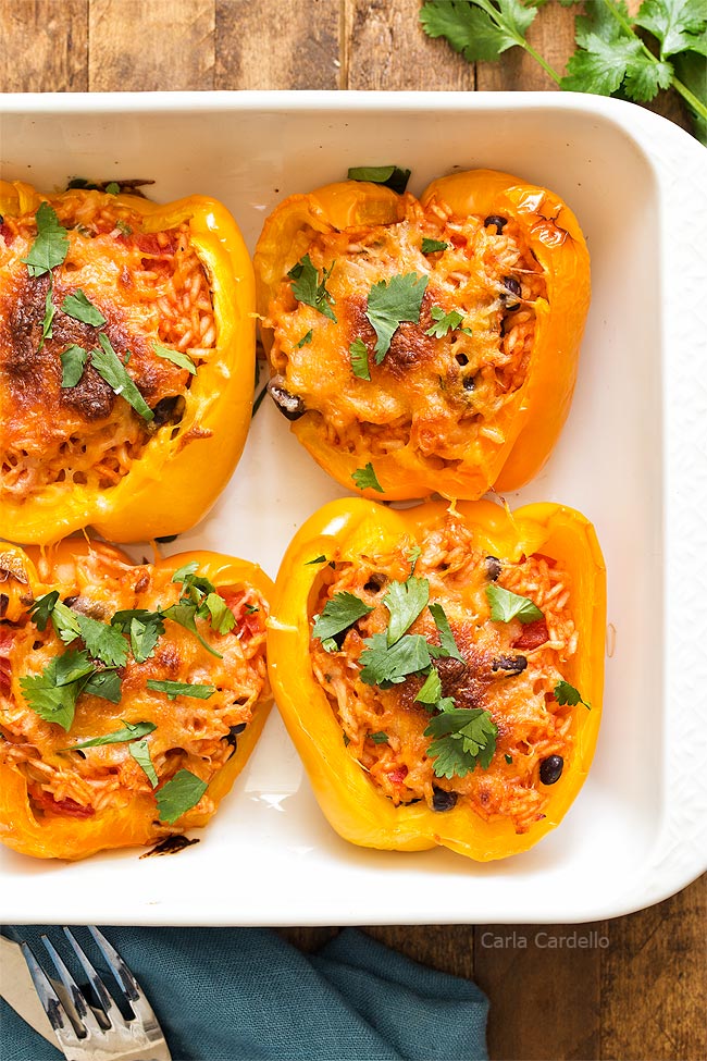 Stuffed Peppers in white baking dish