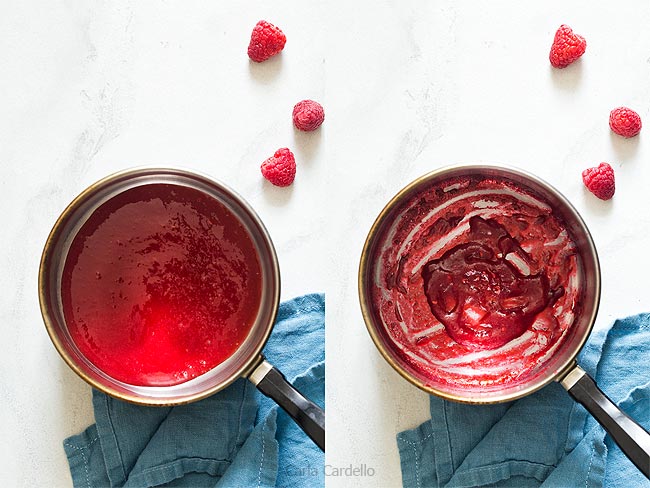 Cooking down raspberry puree in a small saucepan