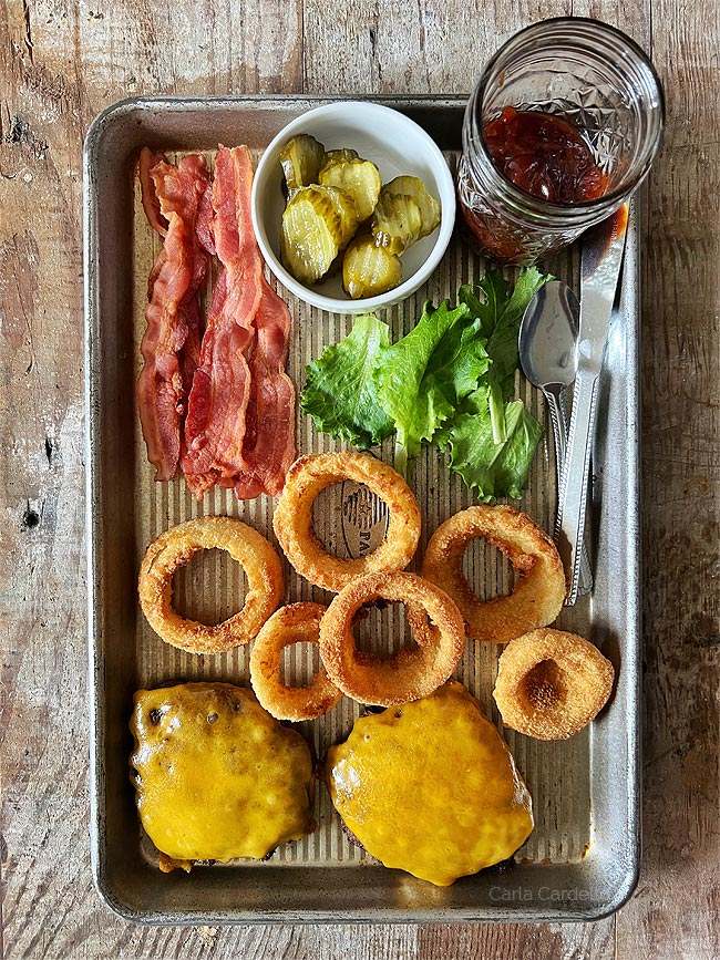 Ingredients for bbq burger on a tray