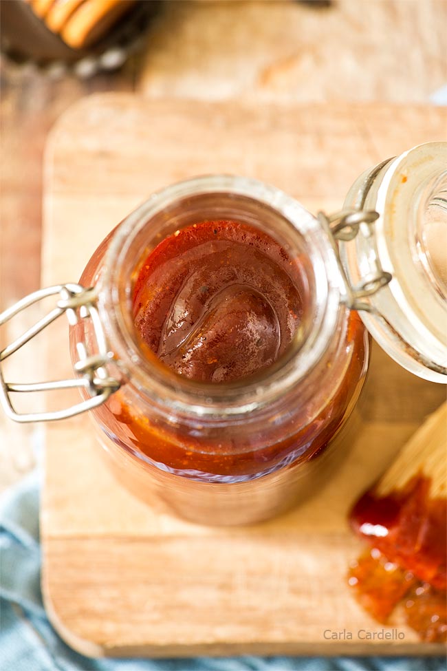 Overhead view of honey bbq sauce in a jar