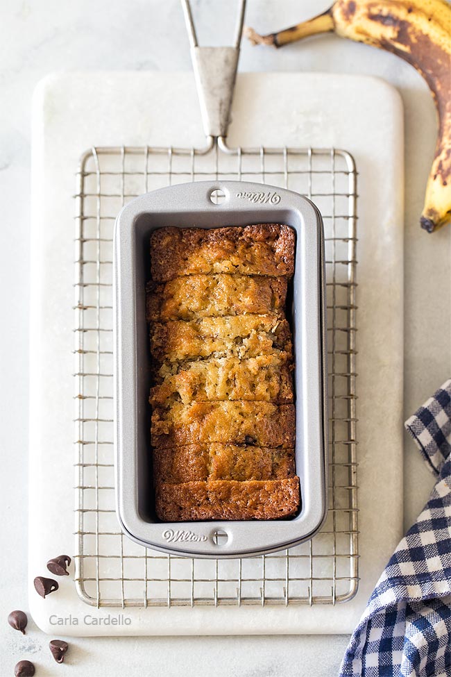 Sliced banana bread in mini loaf pan