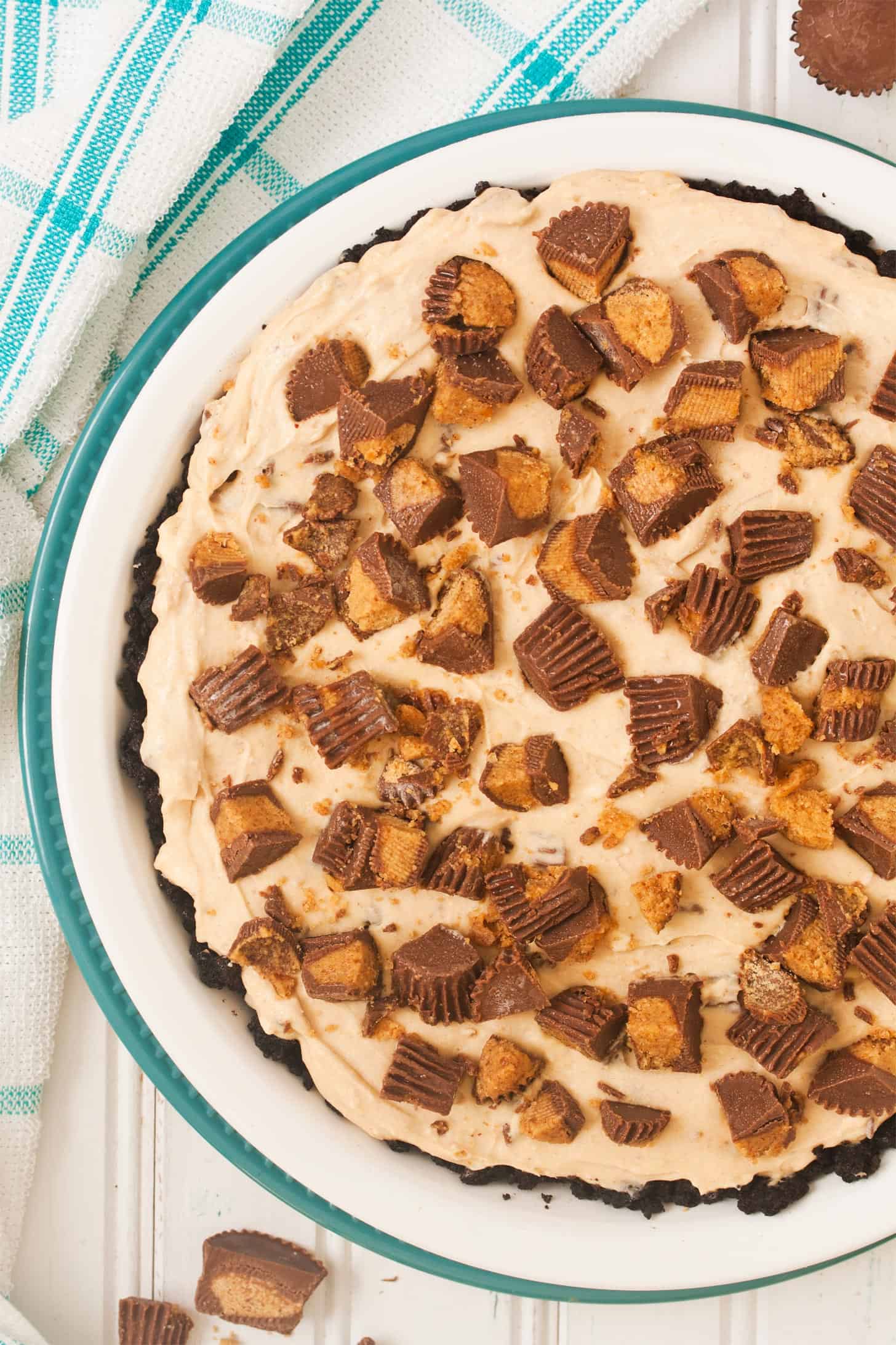 Overhead view of peanut butter pie in pie plate before serving
