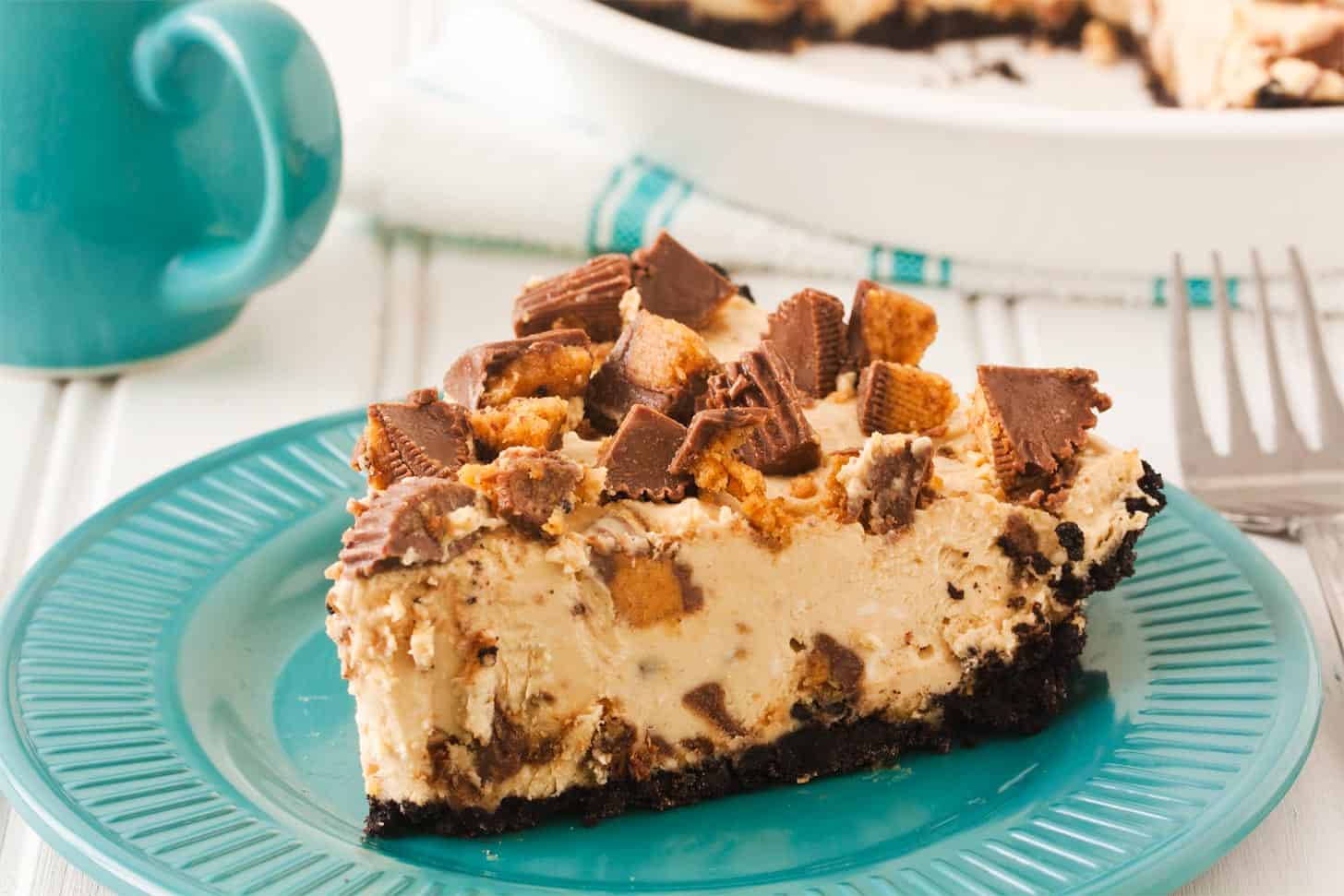 Slice of easy no bake peanut butter pie