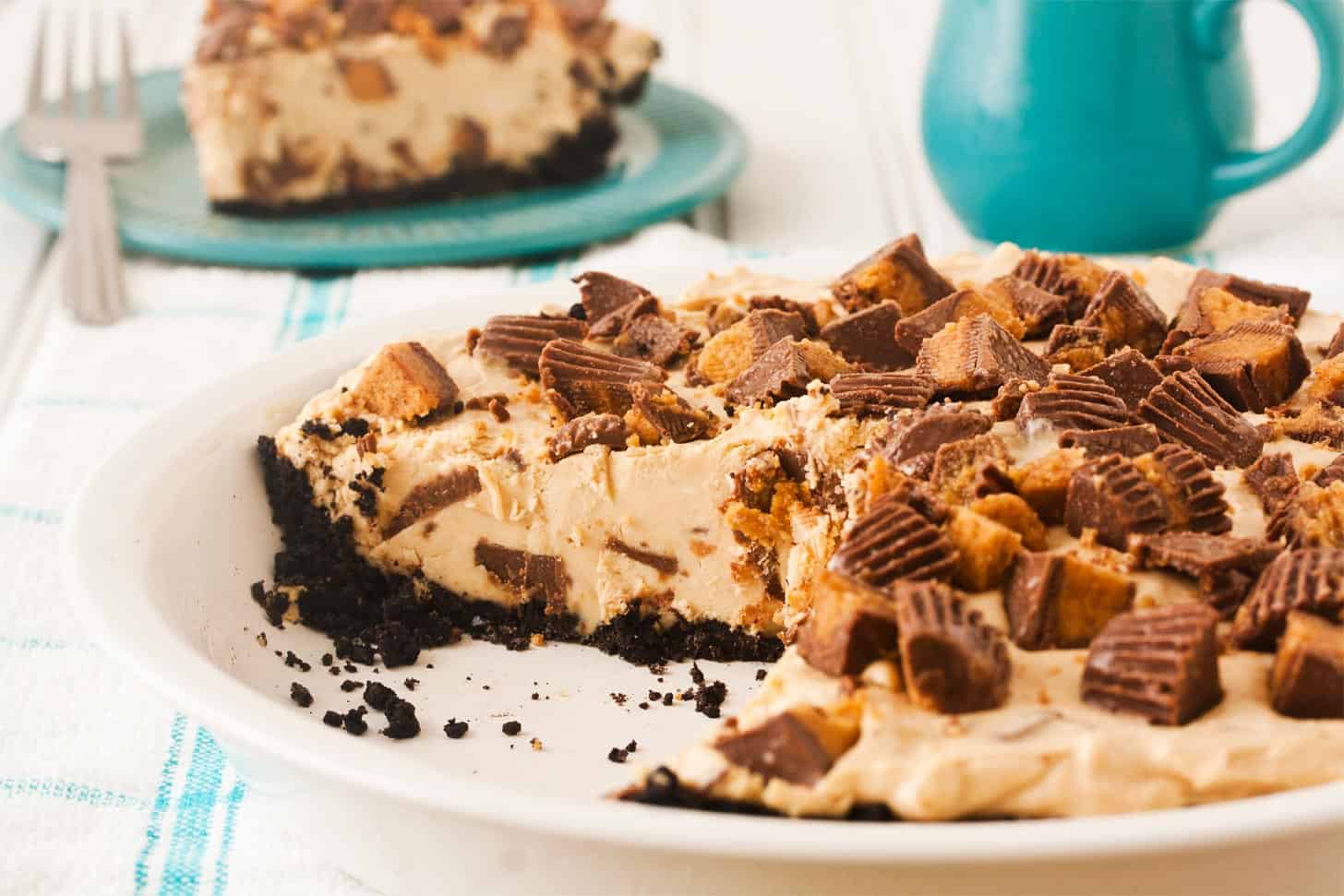 Peanut butter pie with slices missing