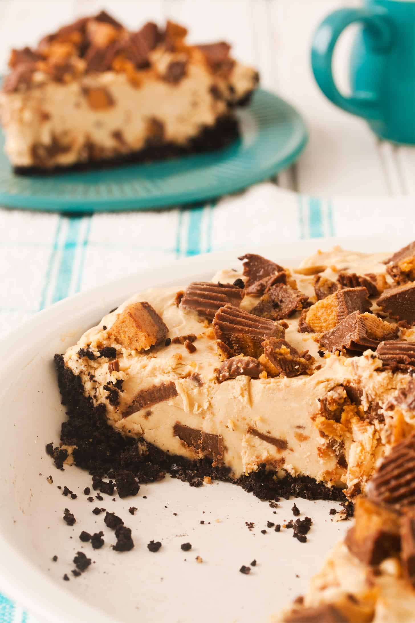 Recipe for peanut butter pie being served from pie plate