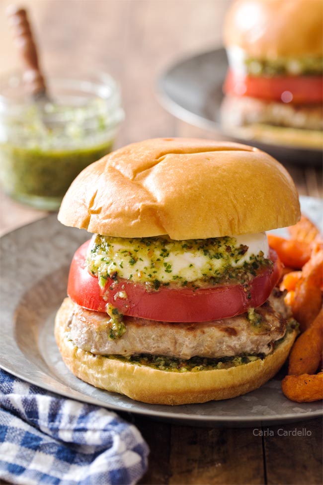 Pesto Turkey Burgers on a picnic plate