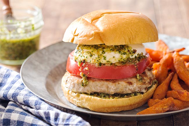 Pesto Burger on plate with fries