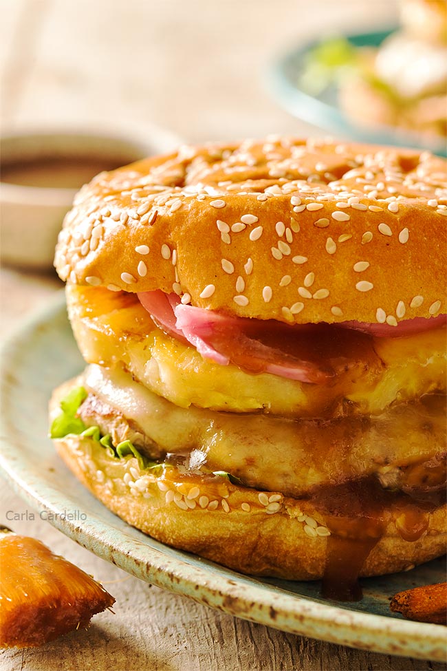 Close up of teriyaki turkey burgers