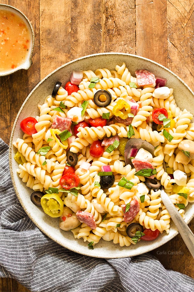 Bowl of Antipasto Pasta Salad with Italian dressing