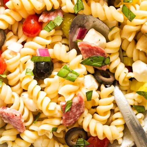 Close up of Antipasto Pasta Salad with spoon