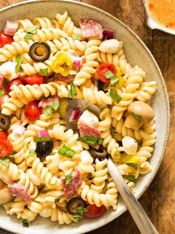 Bowl of Antipasto Pasta Salad with Italian dressing