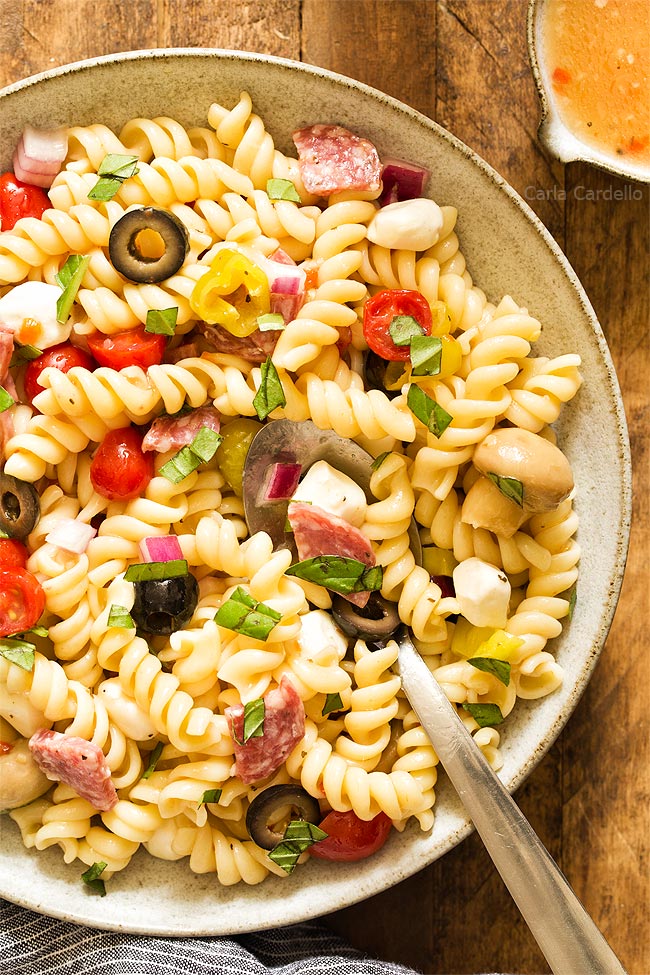 Bowl of Antipasto Pasta Salad with Italian dressing