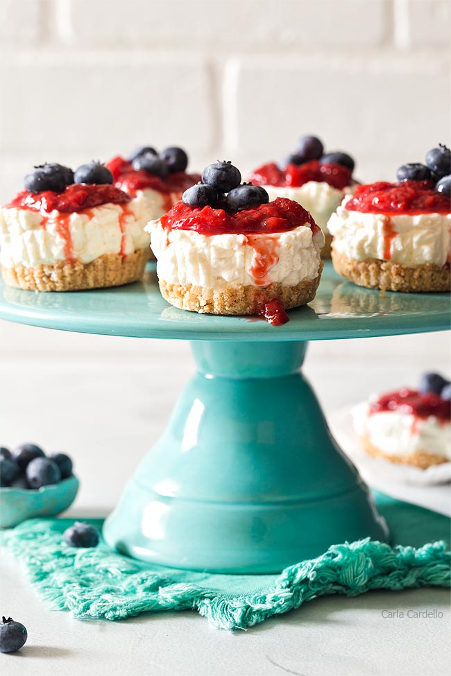 Cake stand with mini no bake cheesecakes on top