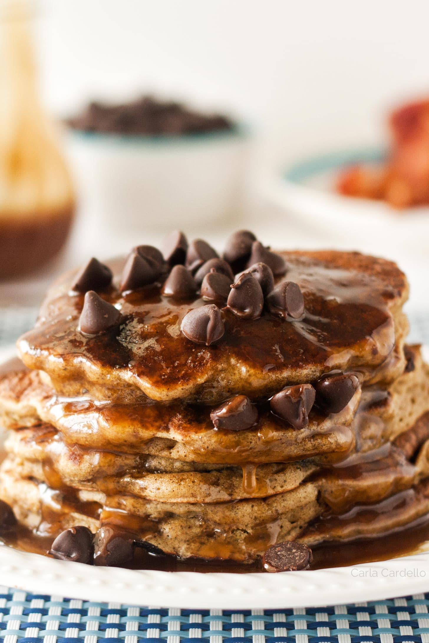 Stack of small batch chocolate chip pancakes