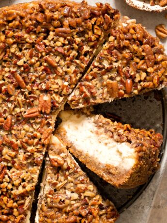Close up shot of pecan pie cheesecake slice