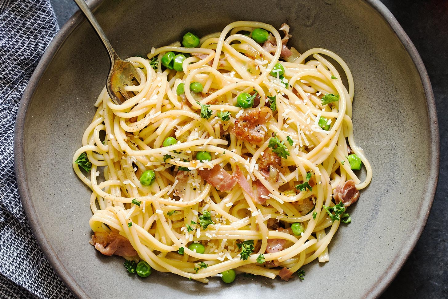 Close up of pasta with prosciutto and peas in grey bowl with fork