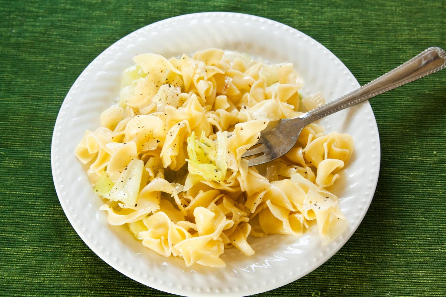 Cabbage and noodles recipe with fork taking a bite