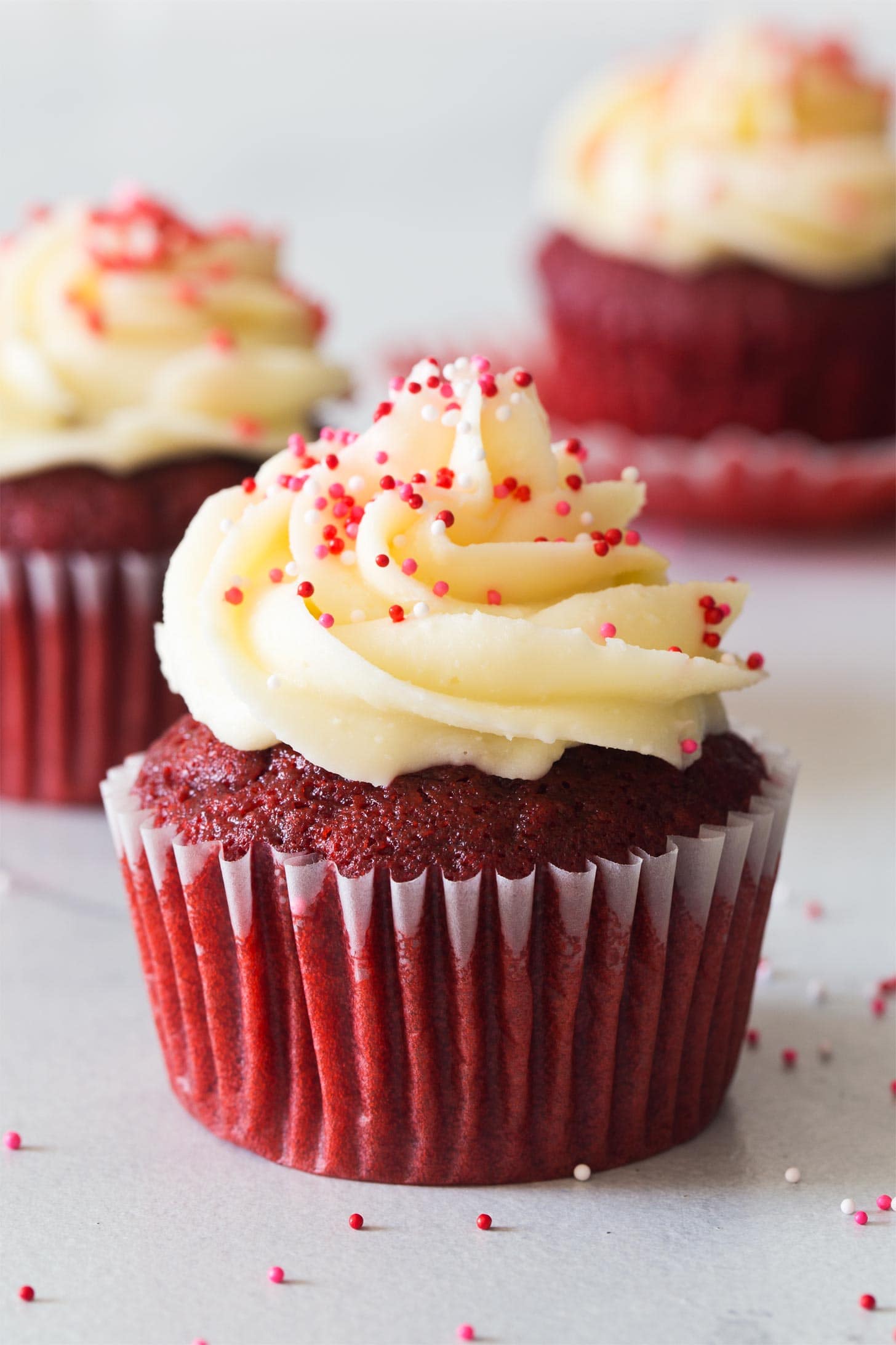 3 homemade red velvet cupcakes