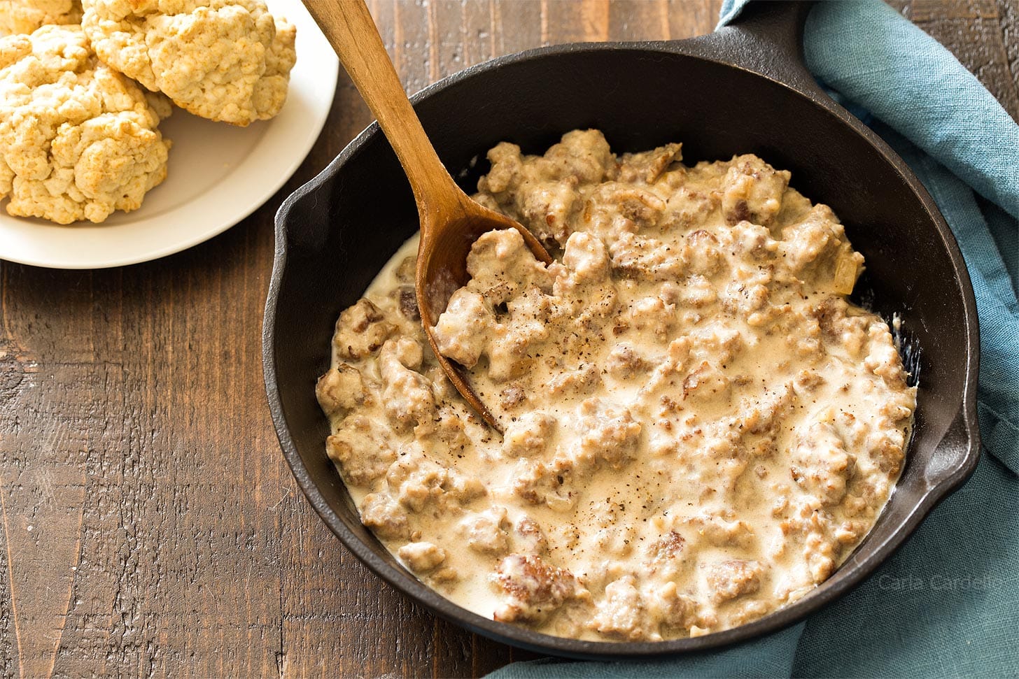 Sausage gravy cooked in cast iron skillet