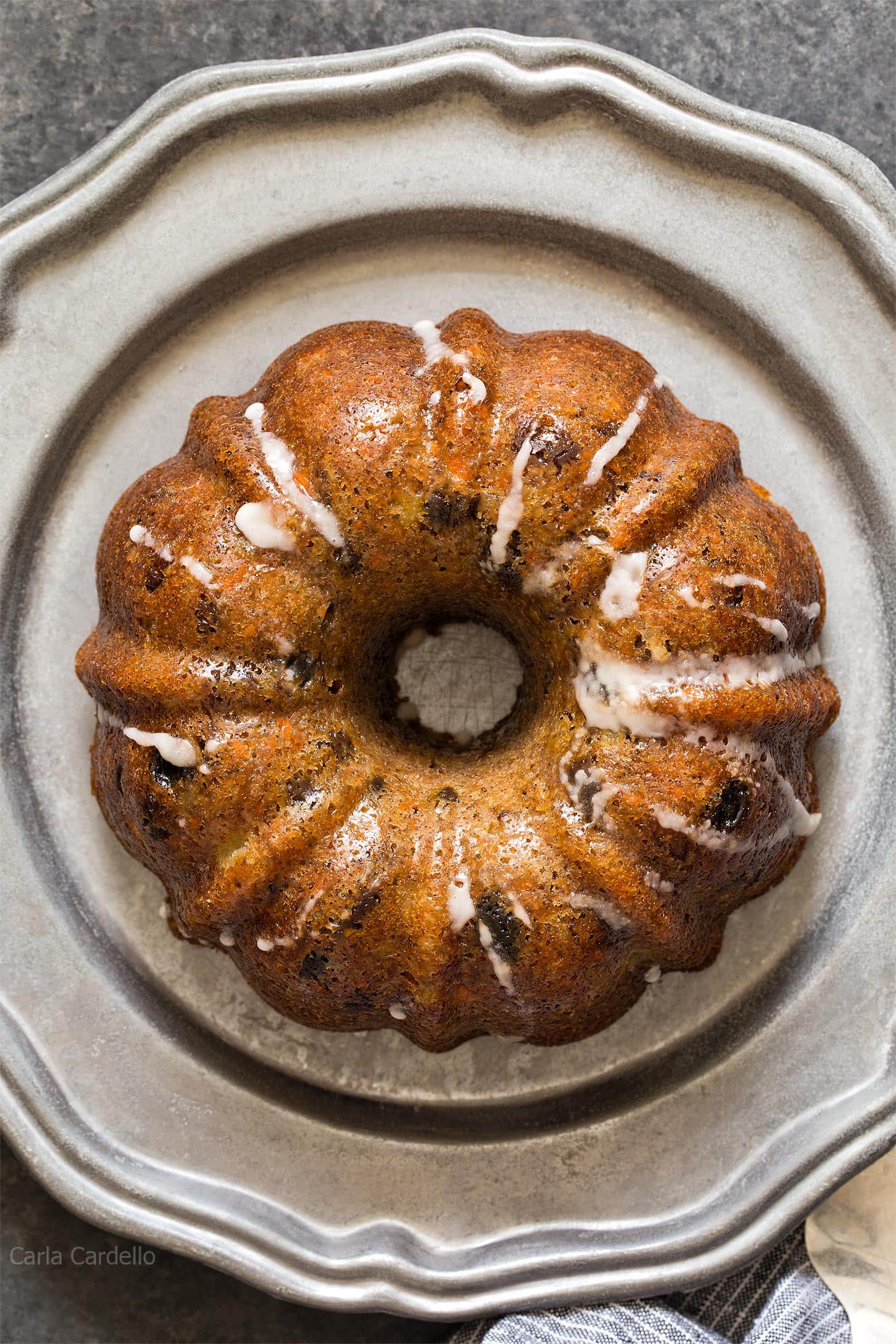 Carrot Cake Bundt Cake on a pewter plate