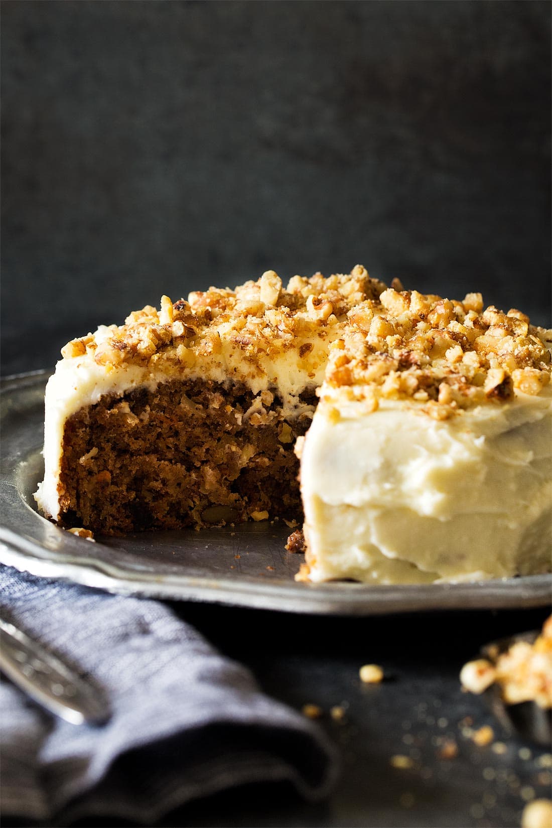 Carrot cake on silver plate