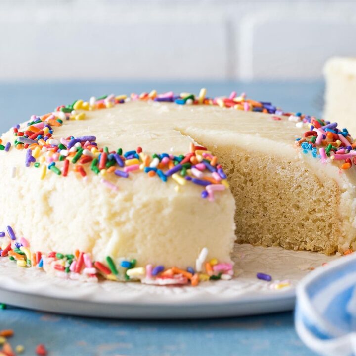 6 inch vanilla cake on white platter