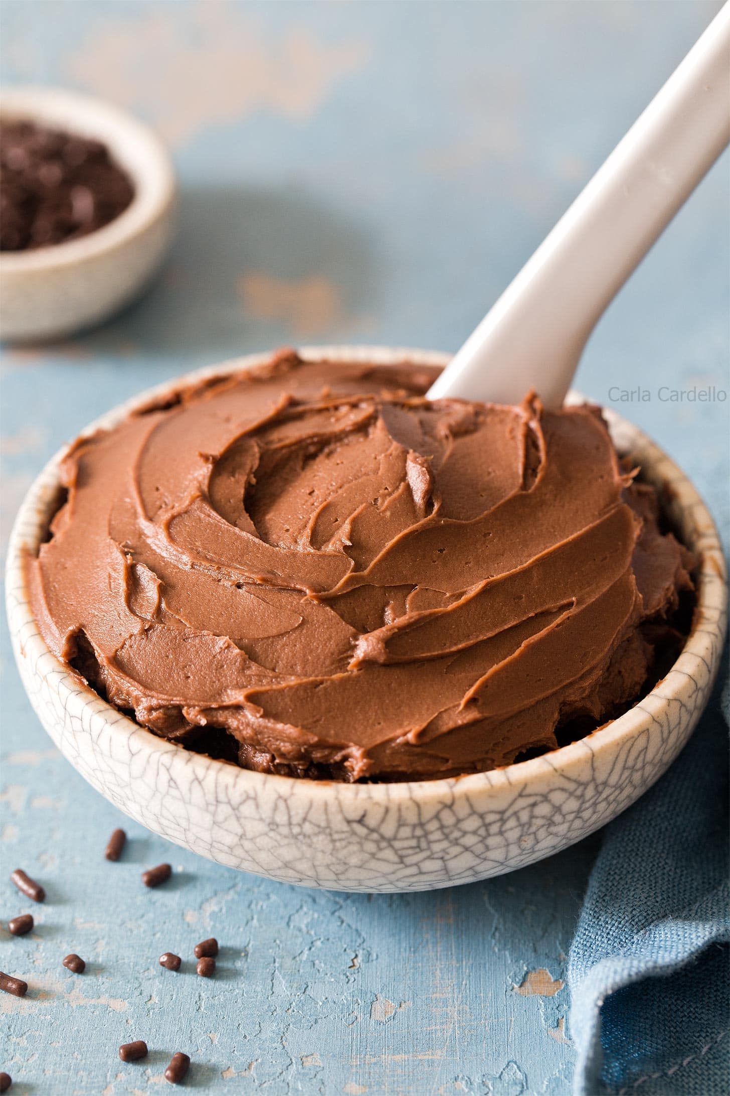 Chocolate cream cheese frosting in a bowl