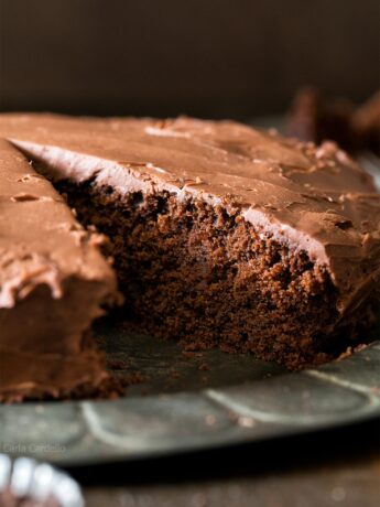 Close up of one layer chocolate cake