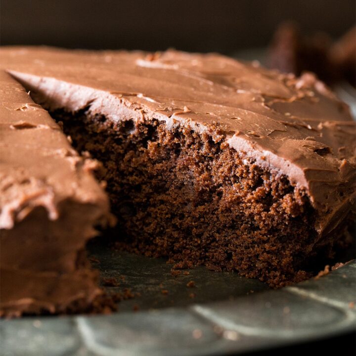 Close up of one layer chocolate cake