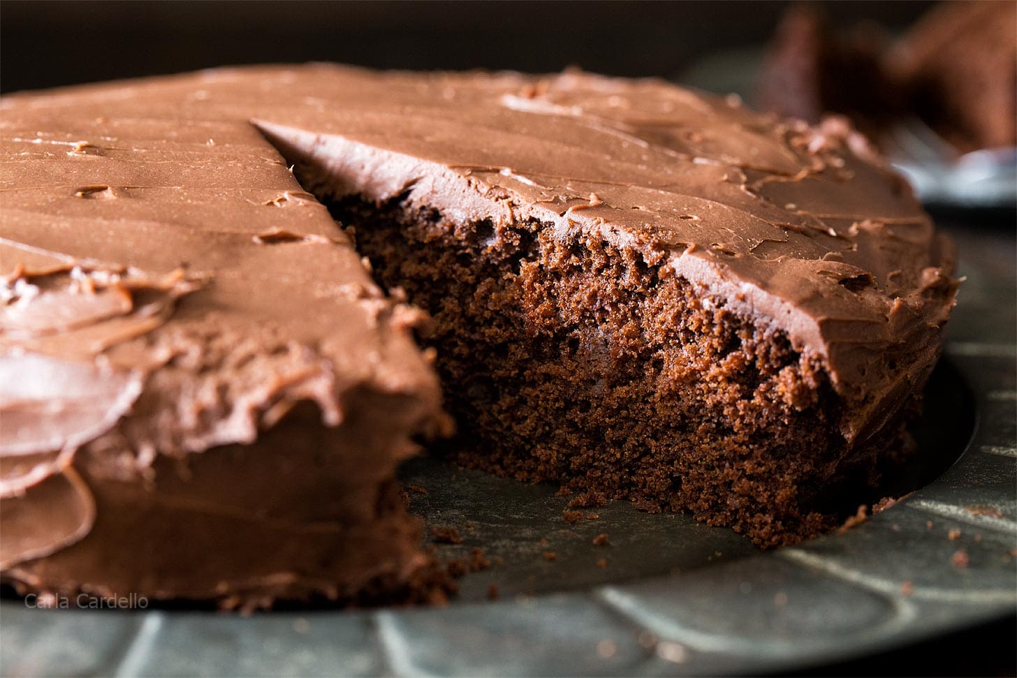 Close up of single layer chocolate cake