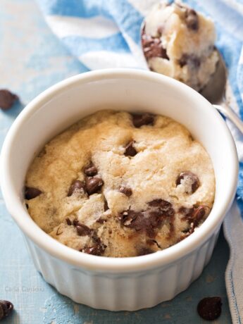 Microwave chocolate chip cookie in a ramekin with bite taken out