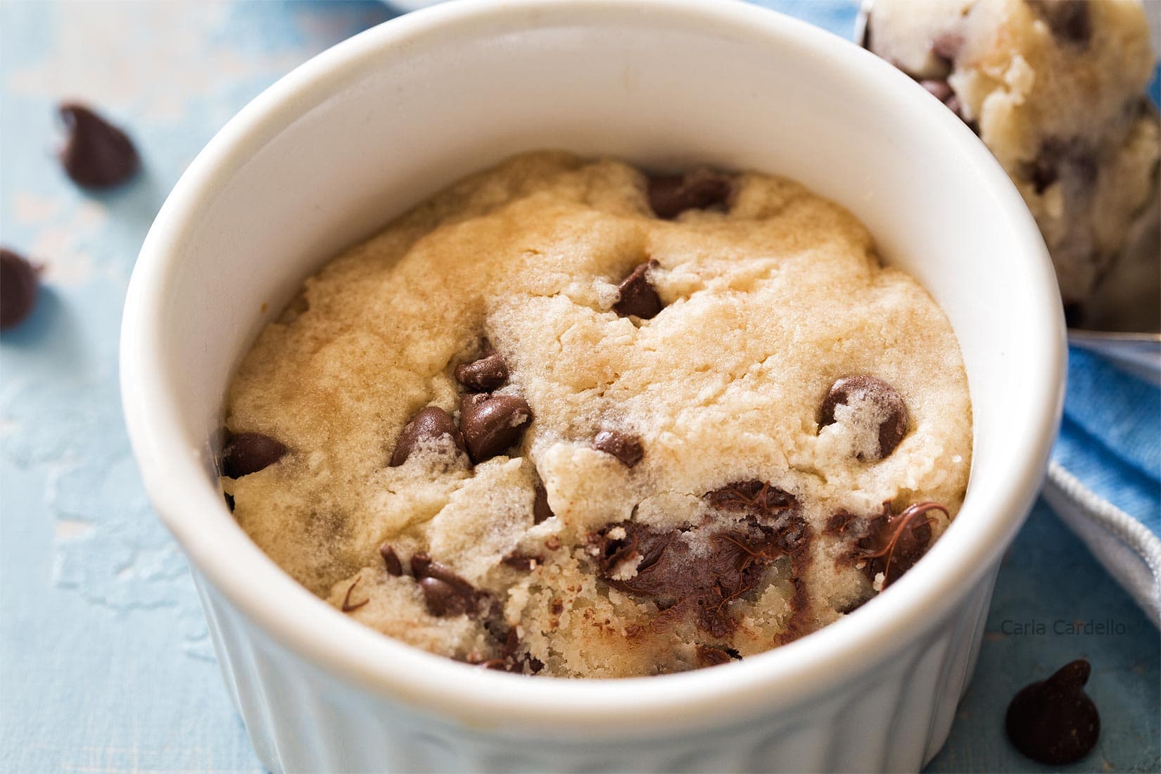 Close up of microwave chocolate chip cookie