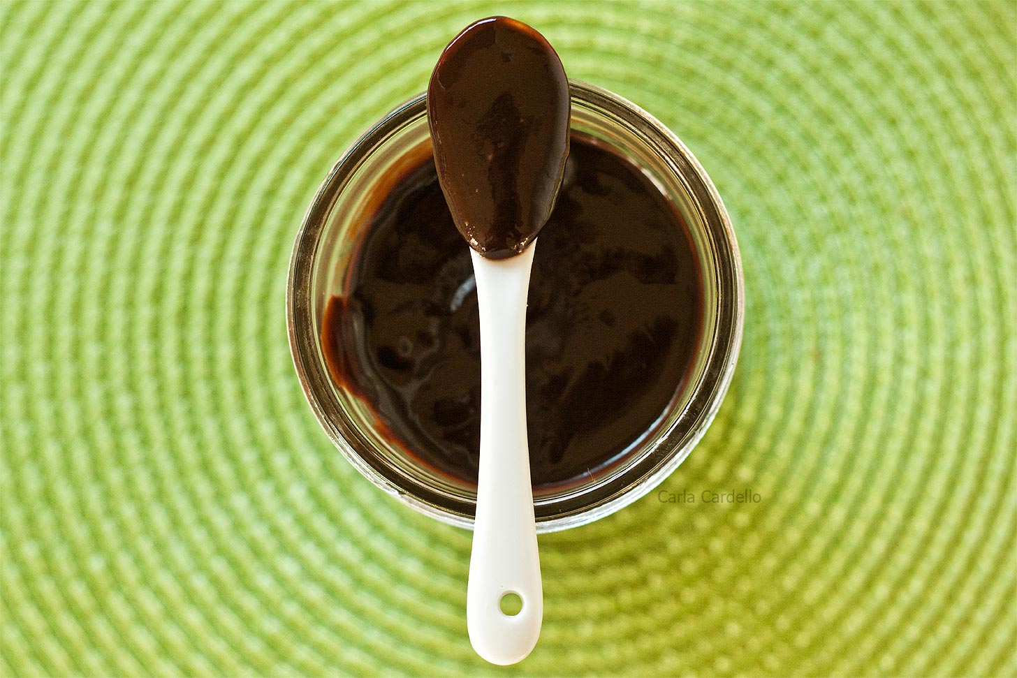 Spoon on top of jar with Nutella sauce