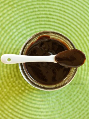 Spoon on top of jar with Nutella sauce