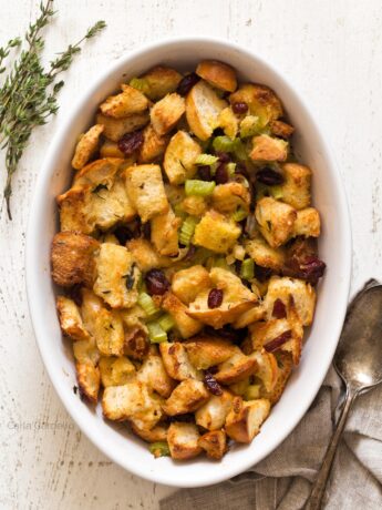 Casserole dish with cranberry serving