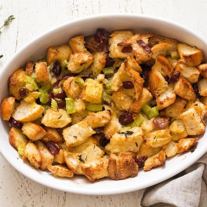 Casserole dish with cranberry serving