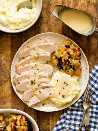 Turkey Tenderloin recipe with mashed potatoes, gravy, and stuffing